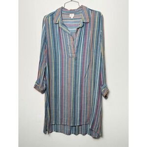 Keep In Touch Striped Tunic Shirt Dress Blue Multi Color Rayon XL